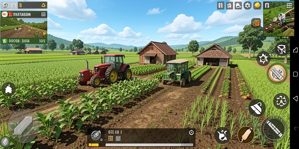 Tampilan gameplay D73 yang menampilkan ladang subur dan hewan ternak.