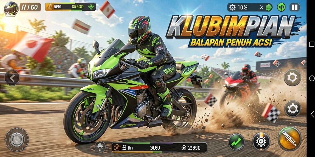 Tampilan gameplay seru di KLUBIMPIAN dengan balapan motor penuh aksi.