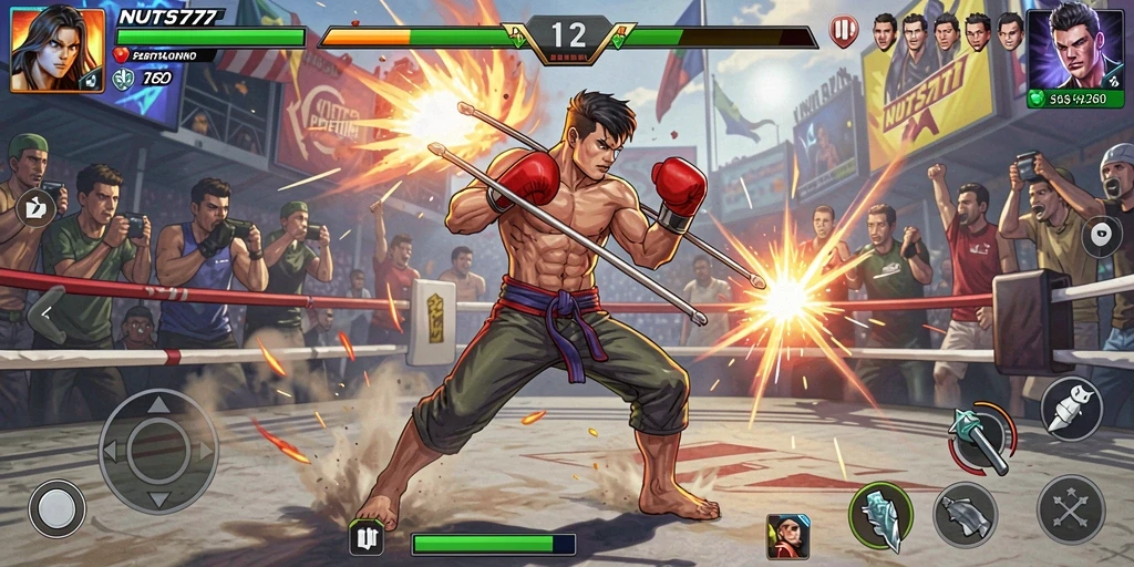 Screenshot utama NUTS777 menampilkan karakter bertarung dalam arena yang mendebarkan.
