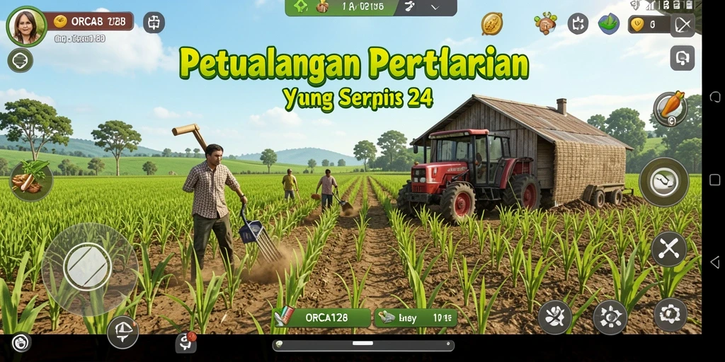 Screenshot gameplay ORCA128 yang menunjukkan ladang yang subur dan hewan ternak.